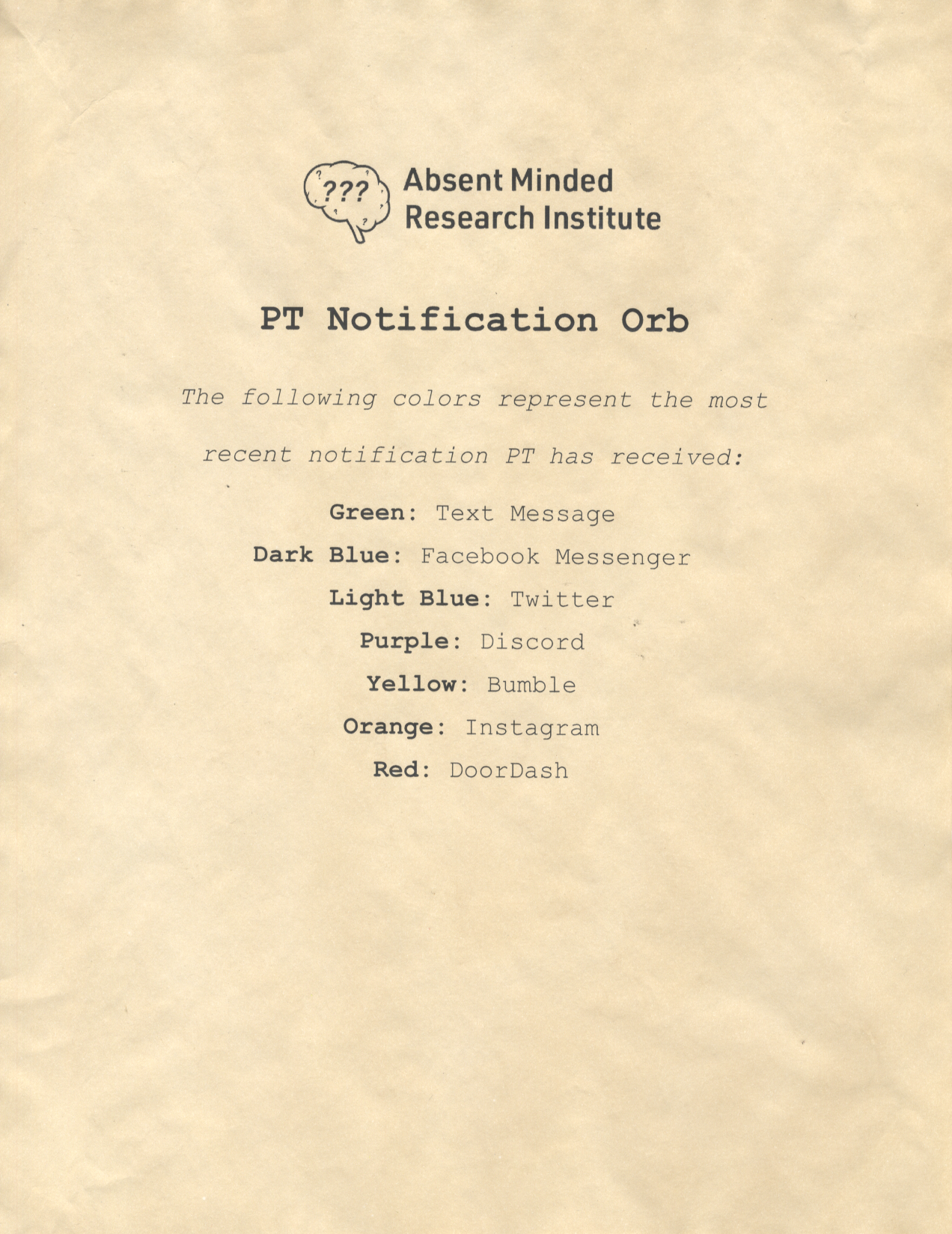 Scanned document that describes how each app Peter is using, corresponds to which color the orb flashes.